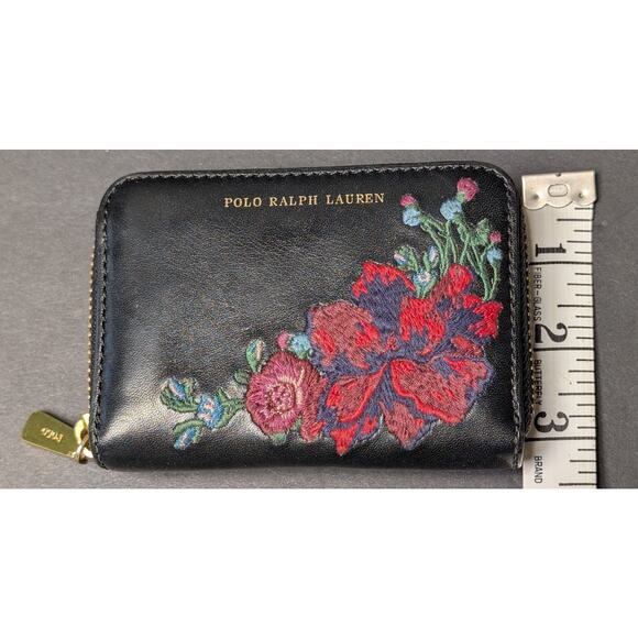 Polo Ralph Lauren Black Zip Around Wallet Beautiful Floral Embroidered Leather - Picture 6 of 7